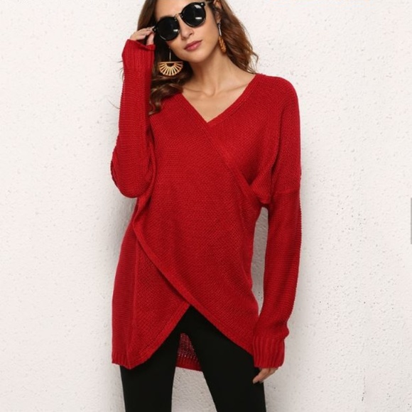 Love Is Real Couture Sweaters - LAST ONE!! Red V Neck Criss Cross Knit Sweater